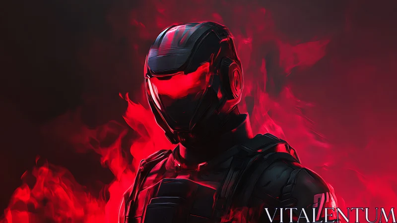 Armored sci fi soldier in red flames, digital artwork.