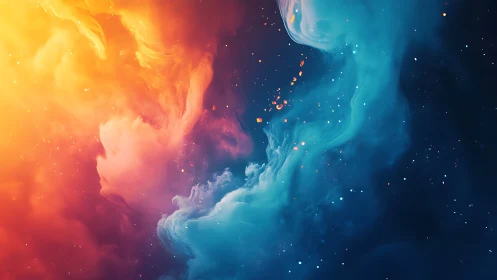 Cosmic nebula clash with vivid orange and blue clouds.