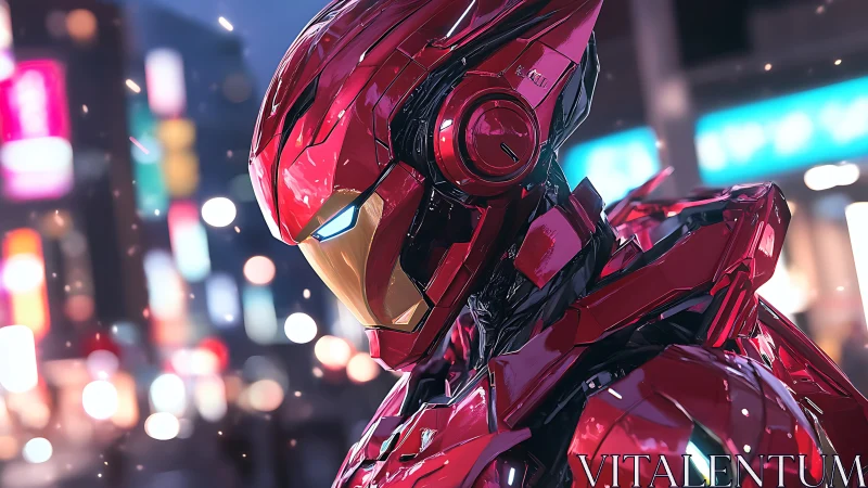 Sleek red mecha hero glowing softly in neon city night.