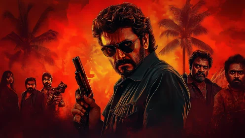 Gun-wielding man in sunglasses with group against red sky.