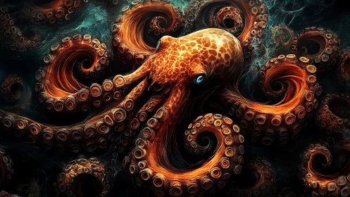 Vivid digital octopus with swirling, detailed tentacles.