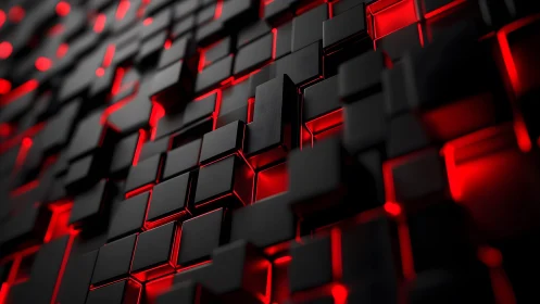 Futuristic black 3D cubes with glowing red light, abstract style.