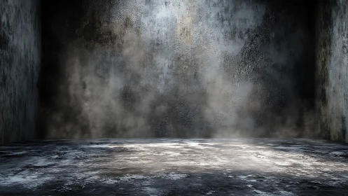 Moody concrete room dissolves into misty cinematic haze