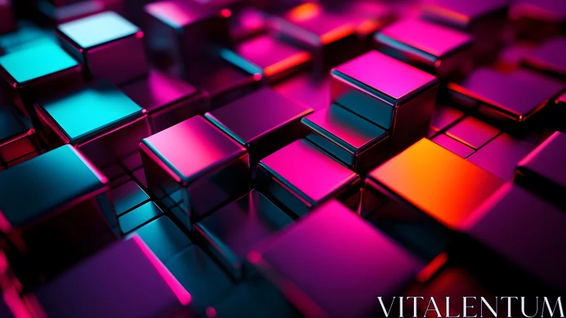 Futuristic metallic cubes in neon lighting, abstract digital art.