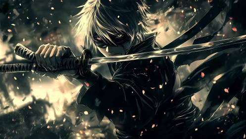 Masked anime swordsman poised in glowing embers storm.