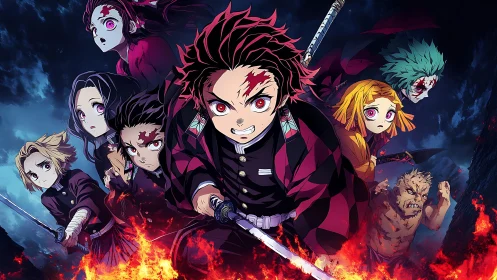 Sword-wielding anime heroes charge through blue night flames.