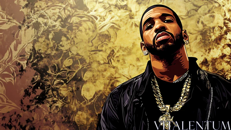 Vector hip‑hop portrait with gilded ornamental grunge backdrop.