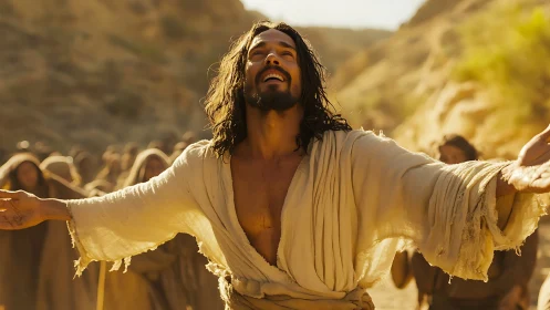 Bearded robed man with outstretched arms in desert crowd.