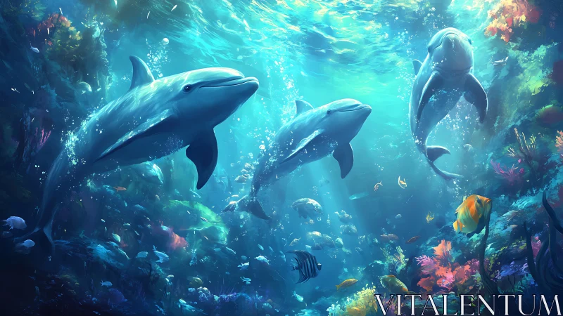 Dolphins swimming above colorful coral reef environment.