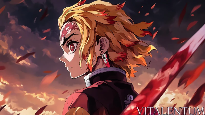 Fiery warrior in dusk sky, bloodied blade in motion.