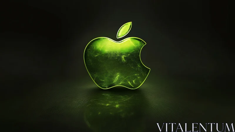 Glowing green glass apple logo against a dark tech backdrop