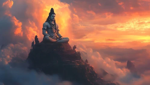 Colossal seated deity statue above cloud sea at sunset