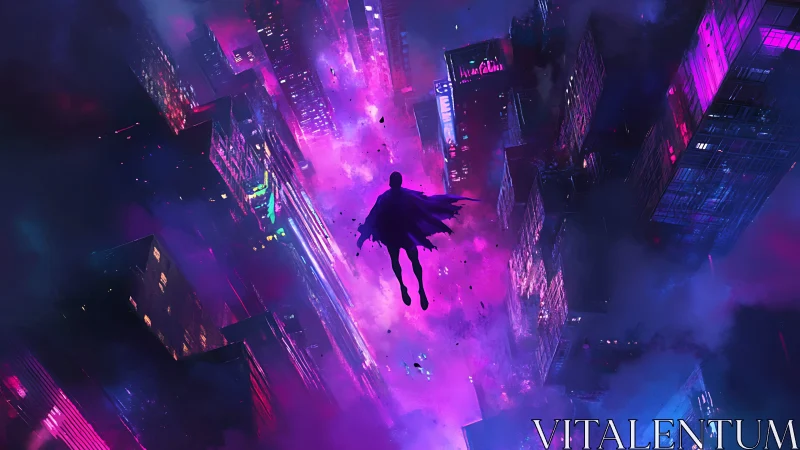 Lone caped figure descends through neon cyberpunk skyline
