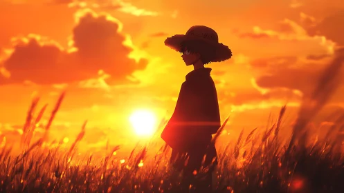 Silhouetted straw-hat wanderer in high-saturation sunset field.