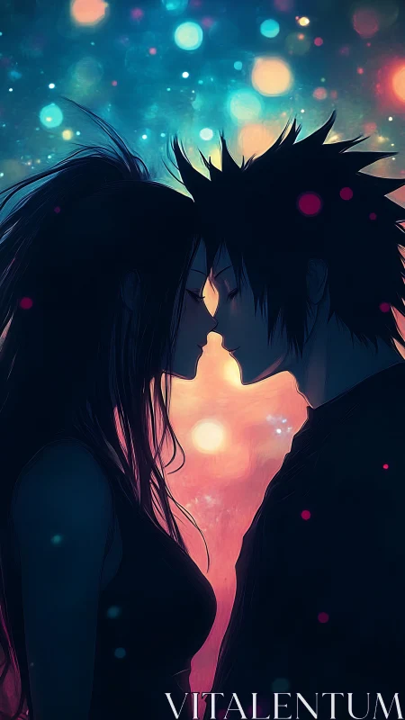 Silhouetted couple in profile against blurred bokeh lights.