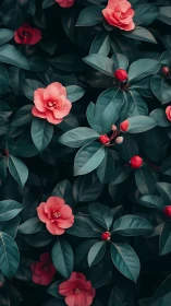 Red Camellia Flowers Among Deep Teal Foliage.