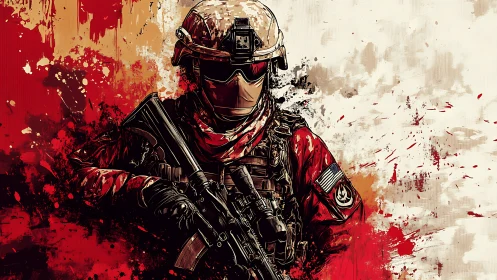Armored soldier with rifle stands against splattered backdrop