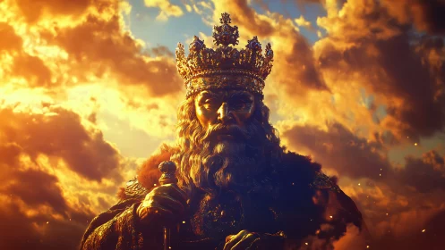 Golden crowned king statue against dramatic sunset sky.
