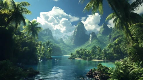 Tropical Paradise Valley with Towering Peaks and Crystal Waters