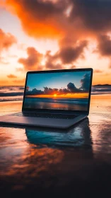 Laptop mirrors vivid ocean sunset on reflective shoreline.
