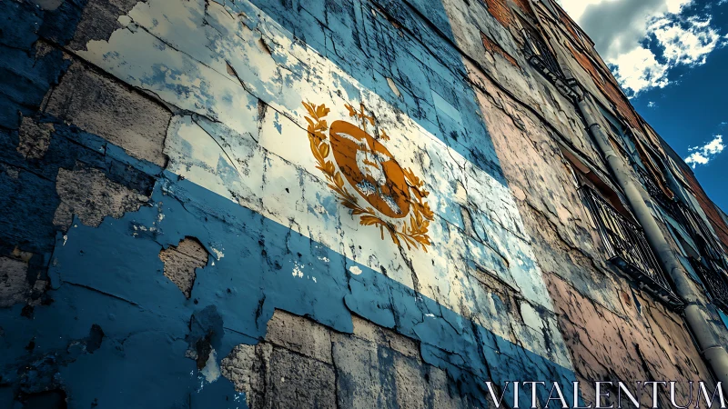 Weathered wall mural of national tricolor and emblem.