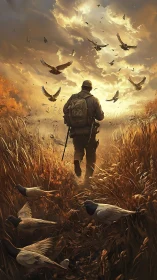 Solitary armed figure advances through autumn grassland path