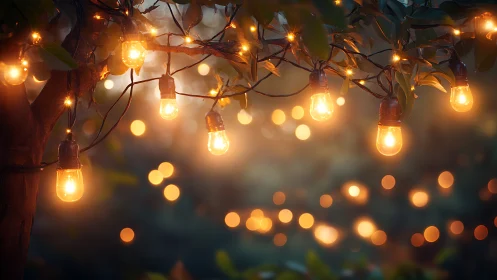 Golden garden string lights glowing in a soft evening hush.