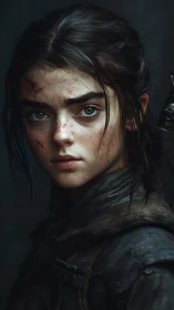 Battle-scarred girl stares forward in muted cold light.