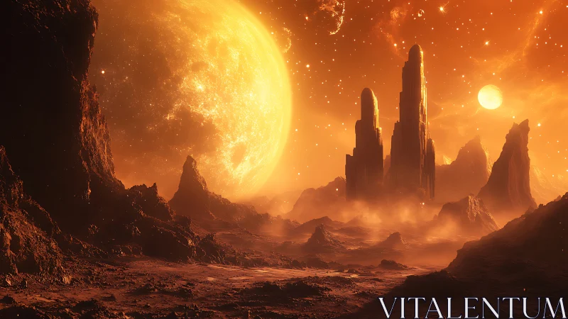 Twin suns ignite alien spires in ember-drenched canyon sky.