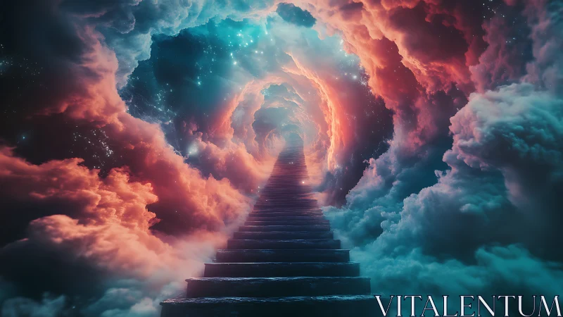 Celestial staircase ascending through glowing cosmic clouds.