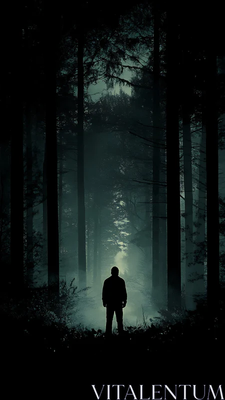 Mysterious lone figure pauses in a misty moonlit forest