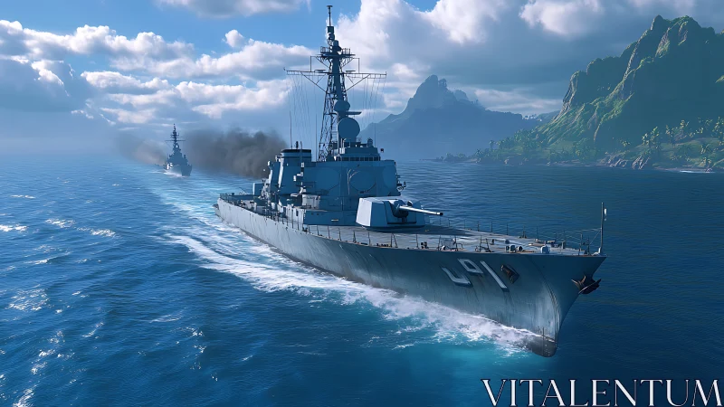 Guided missile destroyer underway in high-detail 3D maritime render