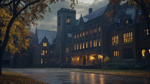 Gothic campus hall glows warmly on a rainy autumn evening