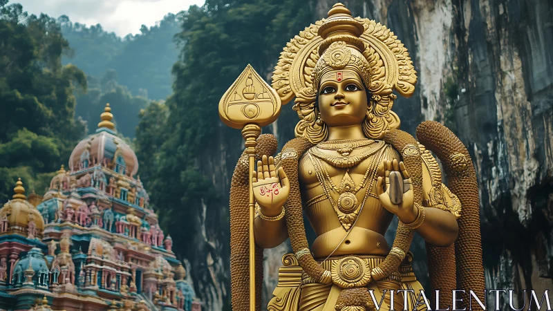 Gilded Hindu deity monument before polychrome temple tower.