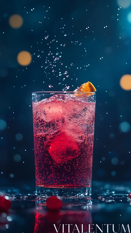 Carbonated Cranberry Cocktail with Citrus Garnish Exhibiting Dynamic Effervescence