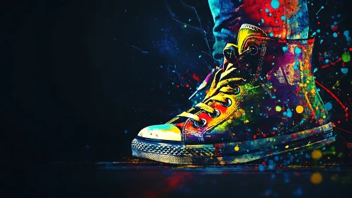 High-top sneaker immersed in dynamic multicolor paint splatter field