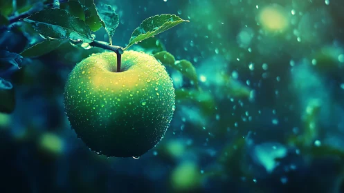 Green apple with water droplets on branch in rainfall.