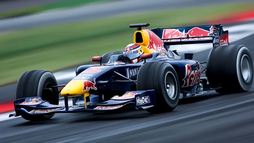 Formula car in high-speed corner with clear sponsor livery.