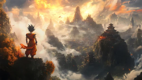 Martial hero overlooks vast mystical mountain cityscape.