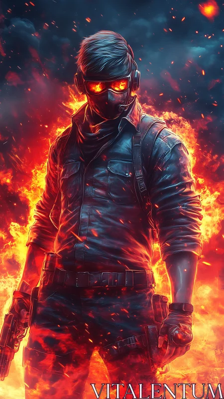 Masked cyber soldier emerges from blazing inferno of fire.