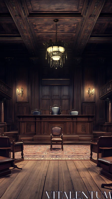 Historic wooden courtroom interior glows under chandelier.