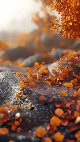 Orange foliage on rocks in shallow depth of field landscape.