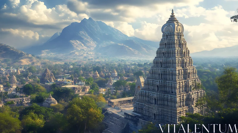 Stepped stone temple complex before distant mountain range.