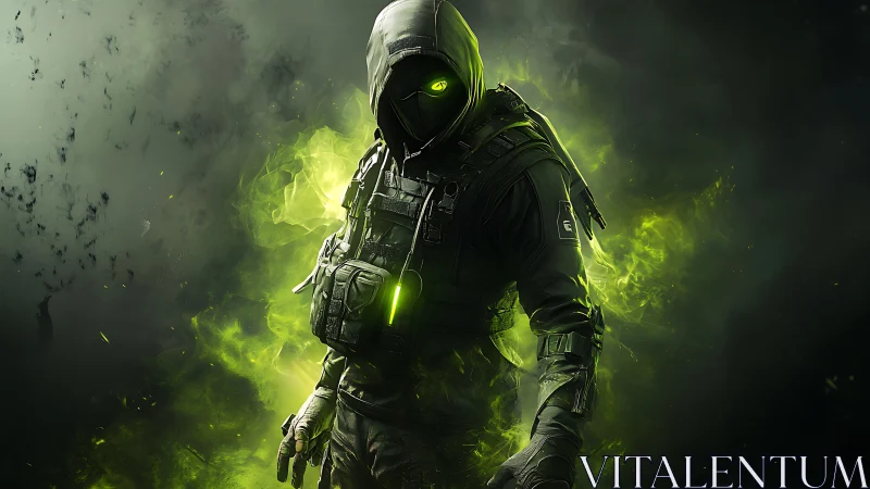 Mysterious neon rogue in glowing green tactical armor.