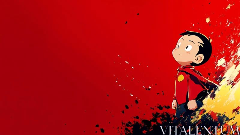 Cartoon boy in red cape stands against dynamic red backdrop