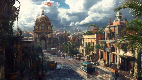 Urban street with domed tower and wet cobblestone roadway.