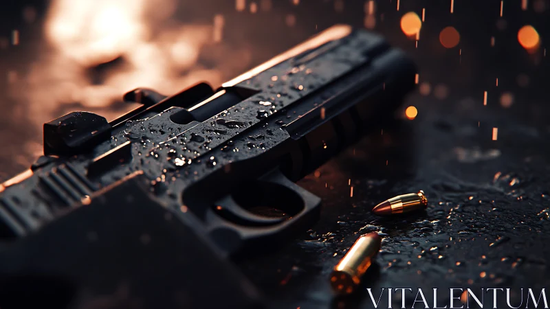 Handgun on wet ground with bullets under rainfall at night.