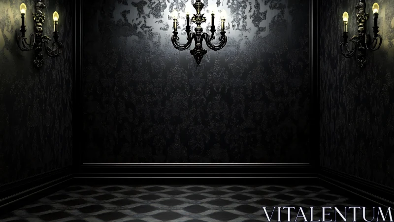Gothic interior corner with chandeliers and low key dramatic lighting