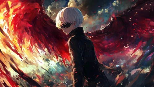 Backlit white-haired antihero with blazing crimson wings.