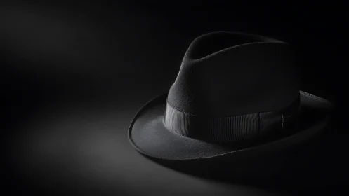 Soft spotlight on a quiet black fedora in deep shadow.
